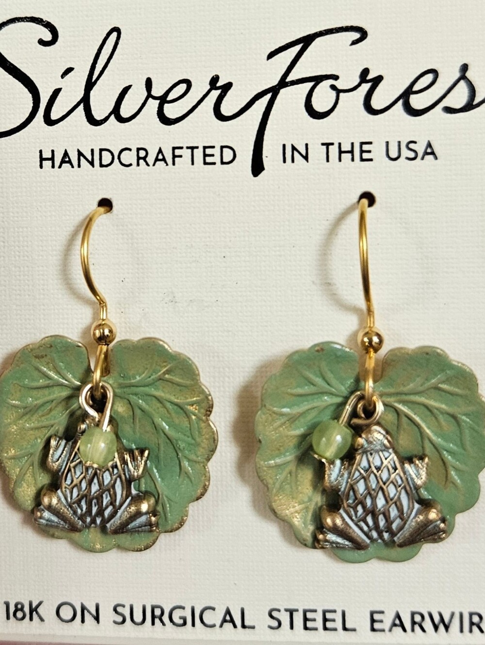 Silver Forest Earrings Green Stone Frog on Leaf with Bead Gold Drop